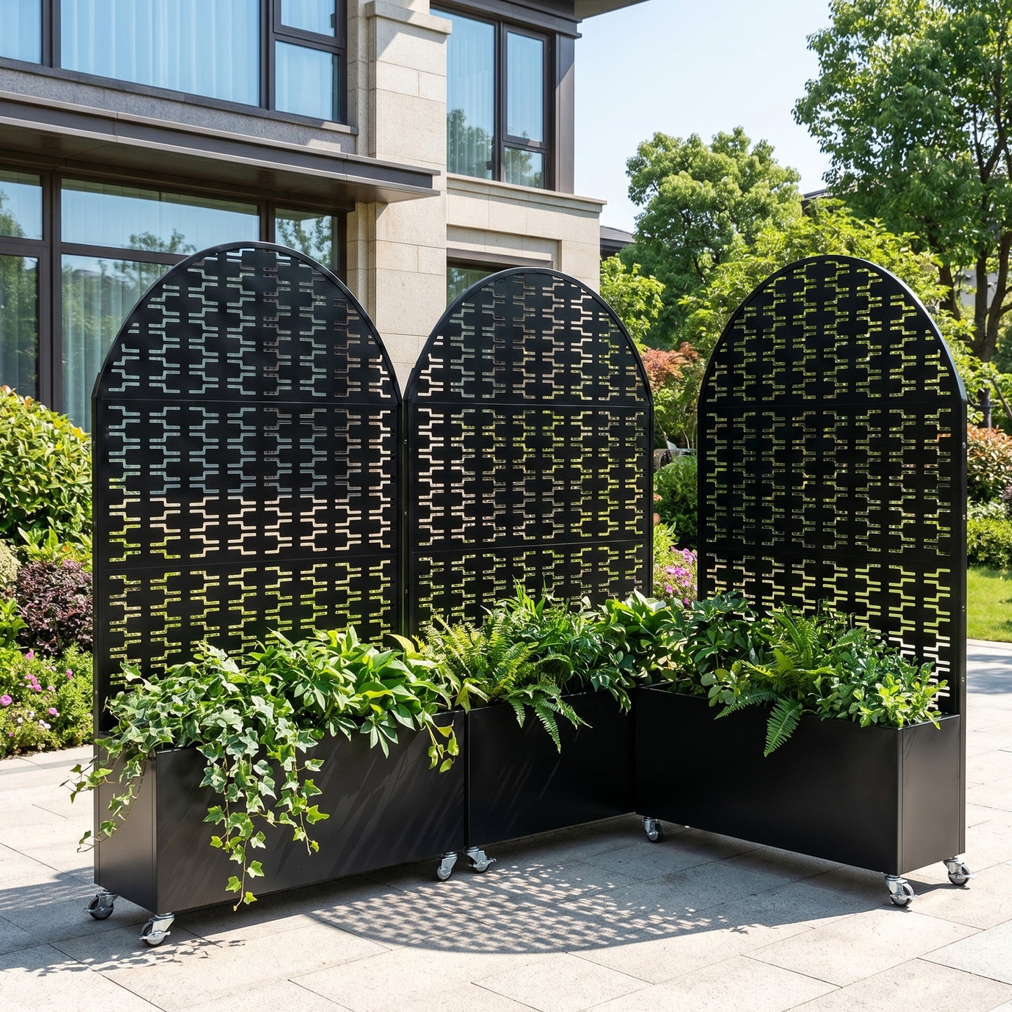 Arched Decorative Privacy Screen with Planter Box, 70.87" Tall Metal Freestanding Fence Planter, 35.04"×15.75"×16.92" Planter Box for Patio Balcony Backyard