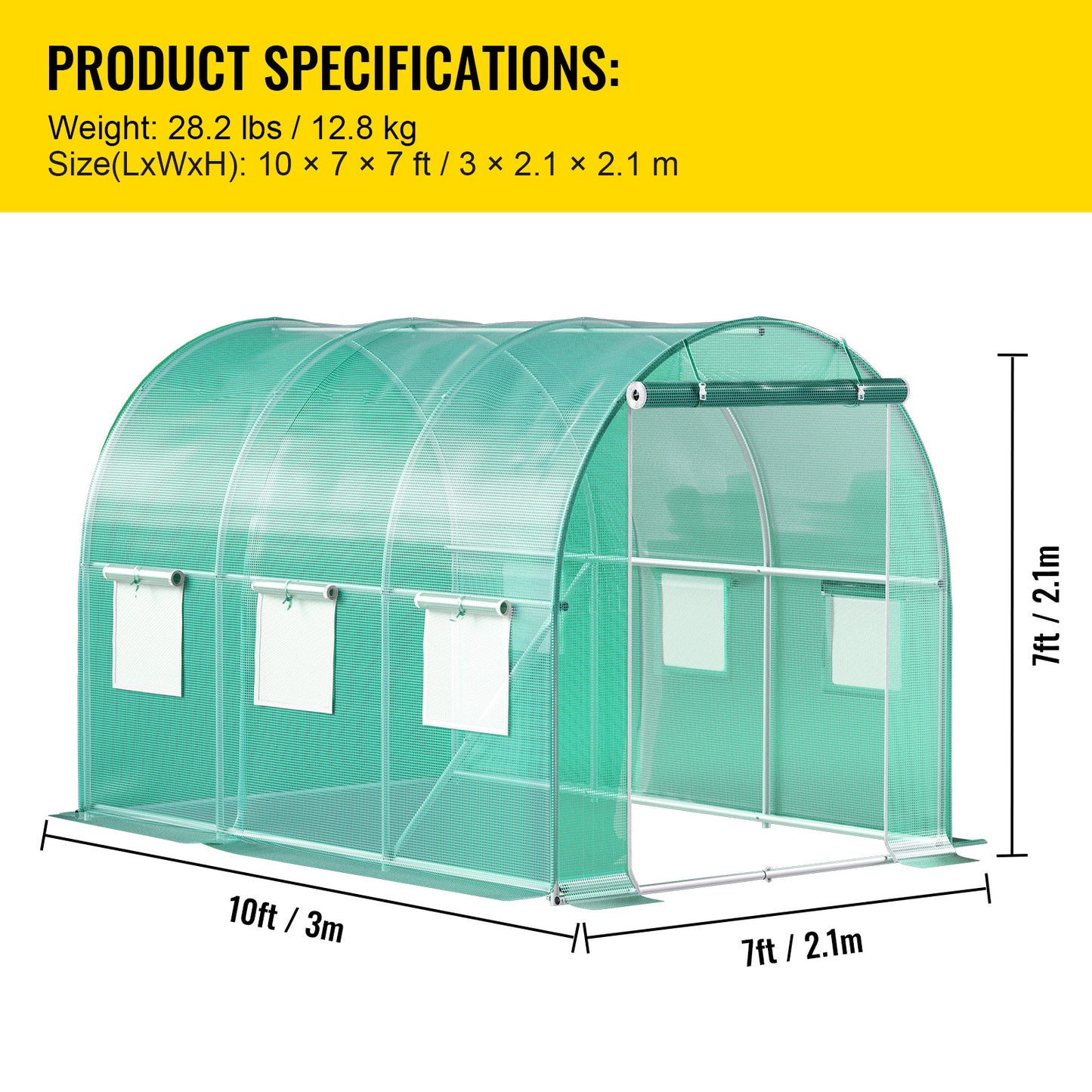 Walk-in Tunnel Greenhouse, 9.8 x 6.6 x 6.6 ft Portable Plant Hot House w/ Galvanized Steel Hoops, 1 Top Beam, Diagonal Poles, Zippered Door & 6 Roll-up Windows, Green