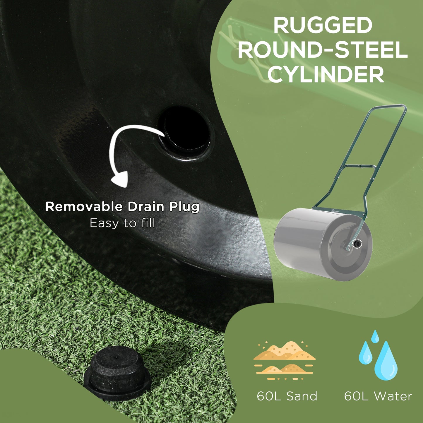 Outsunny 20-Inch Push/Tow Behind Lawn Roller Filled with 16 Gal Water or Sand, Perfect for Flattening Sod in the Garden