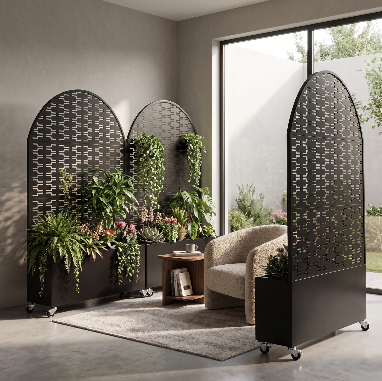 Arched Decorative Privacy Screen with Planter Box, 70.87" Tall Metal Freestanding Fence Planter, 35.04"×15.75"×16.92" Planter Box for Patio Balcony Backyard