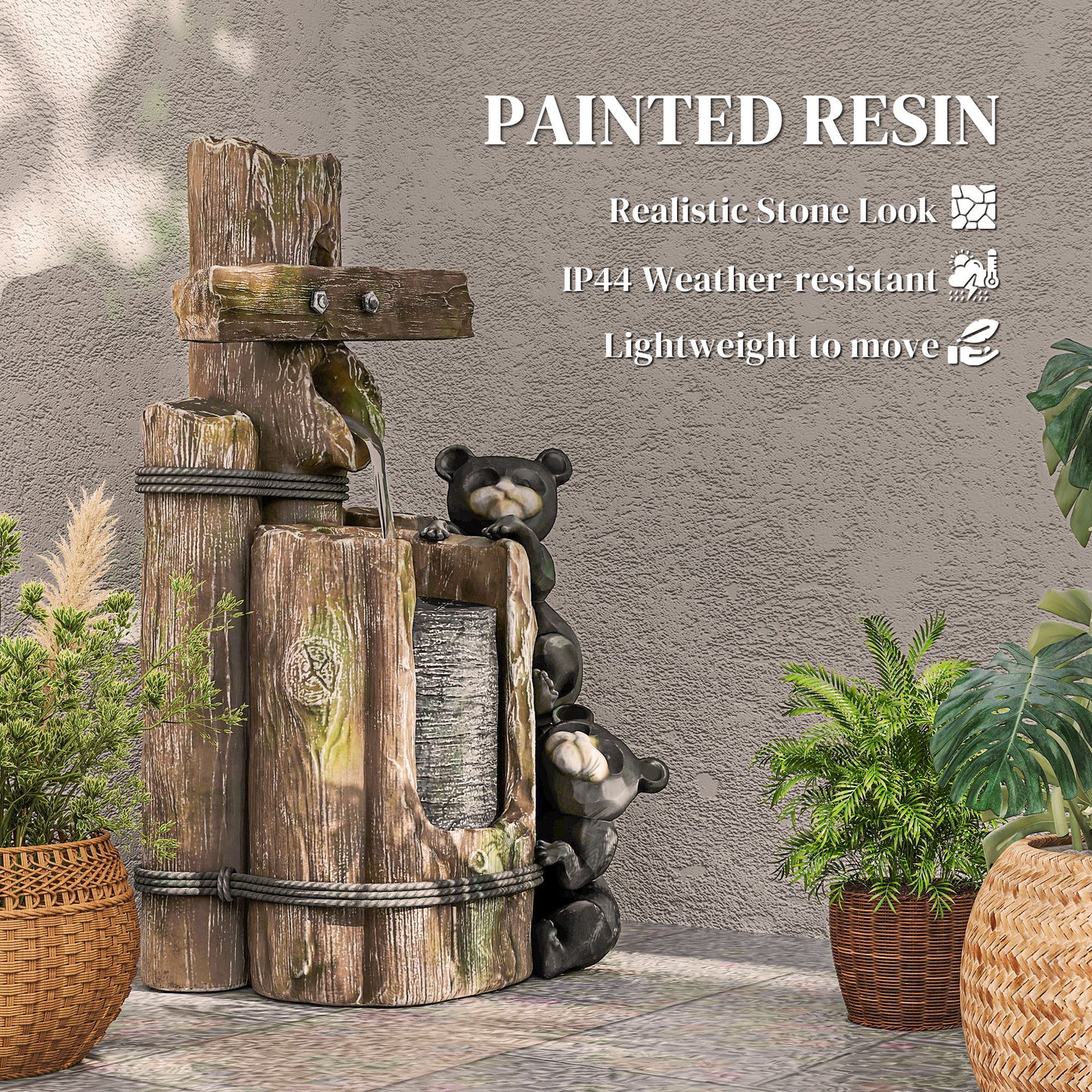 Outsunny 22.8" Outdoor Water Fountain, 3-Tier Floor Standing Resin Bears on Log Waterfall Fountain with LED Lights, Pump