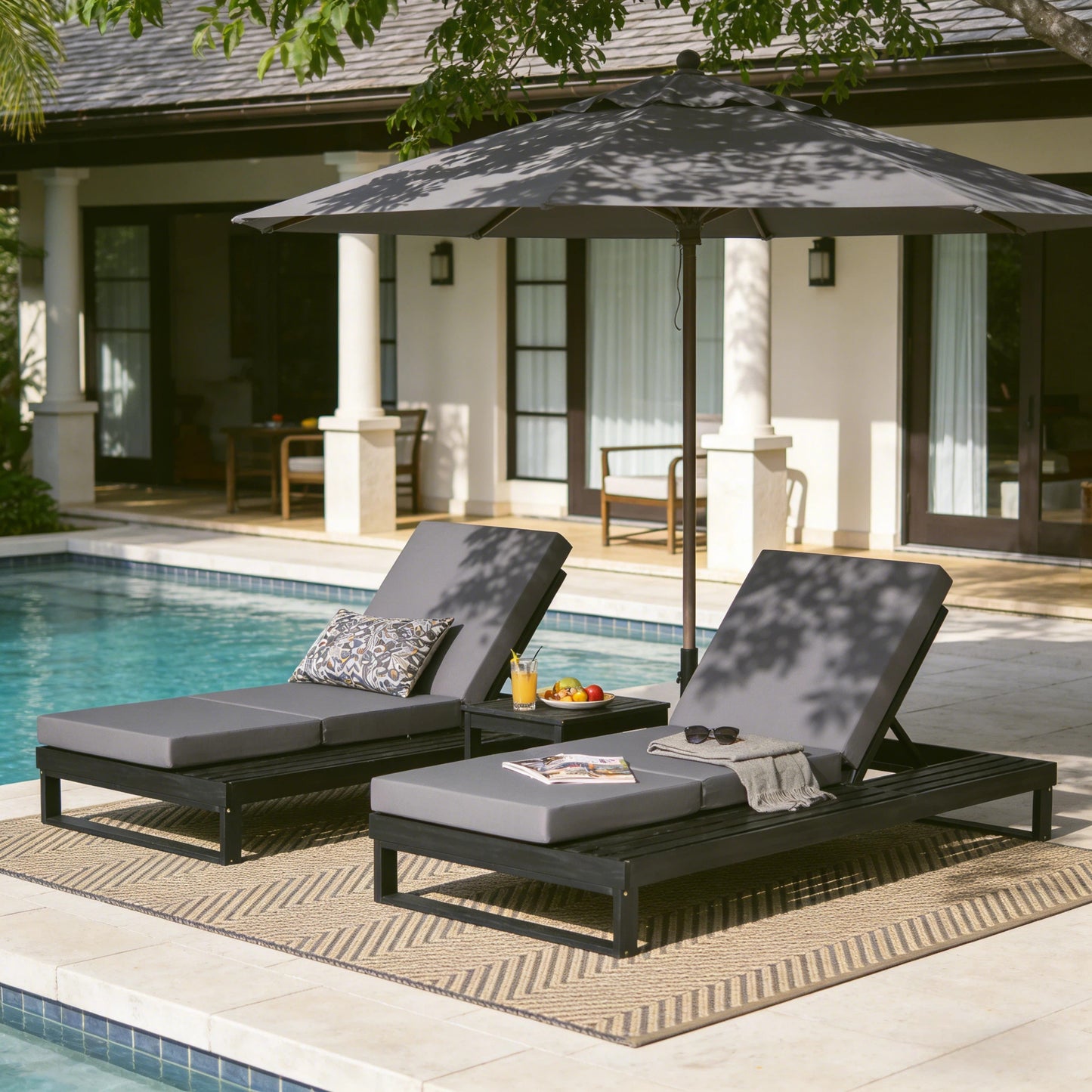 Black Acacia Wood Chaise Lounge with 4-Inch Dark Grey 3-Fold Cushion Set, 4-Position Adjustable Outdoor Patio Lounger with Flat Side Surface, for Poolside- Matching cream version available