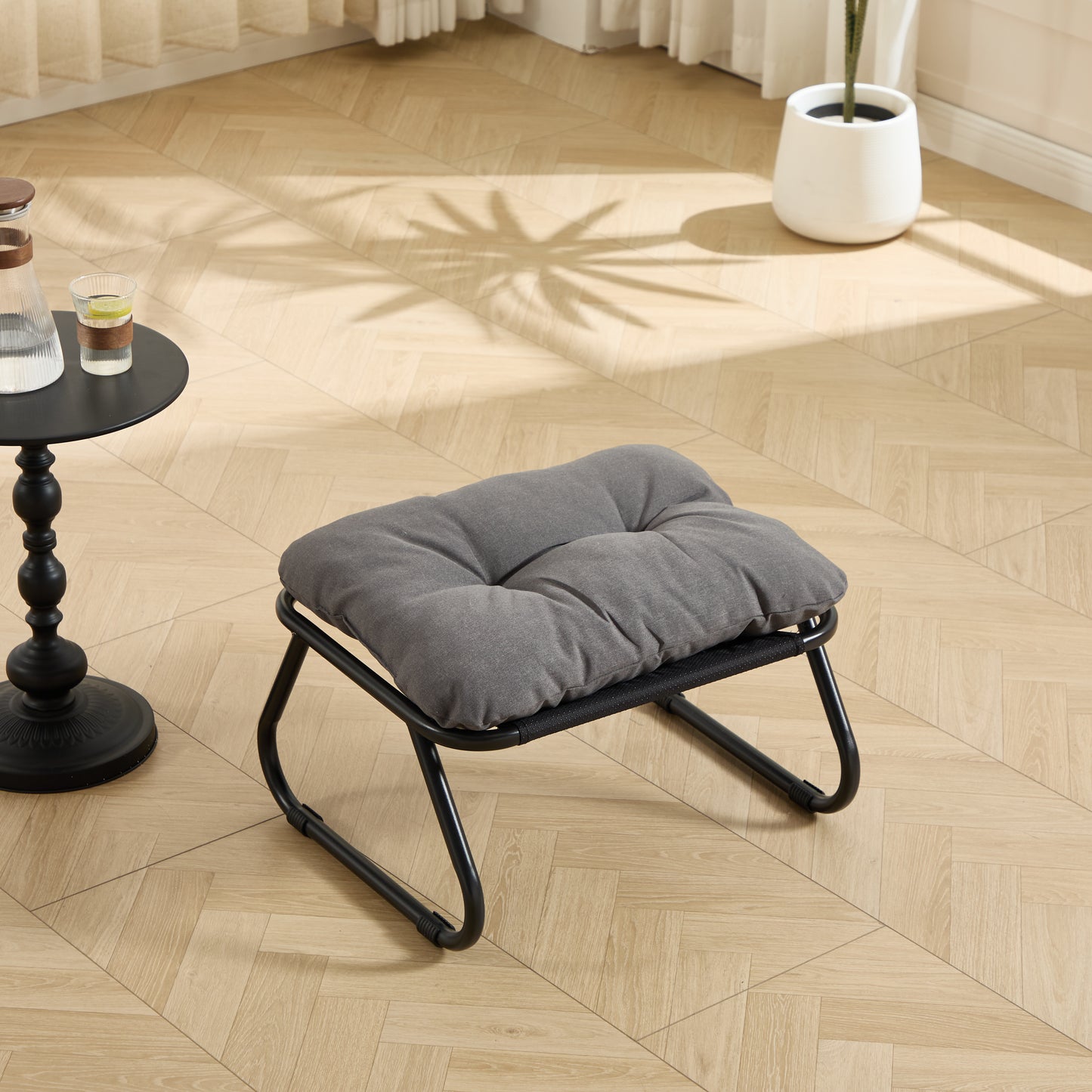Patio Outdoor Lounge Chair with Ottoman, Comfy Sling Recliner Chair with Puffy Cushion and Foot Stool, Ideal for Living Room, Bedroom, Reading Room, Black frame with grey cushion