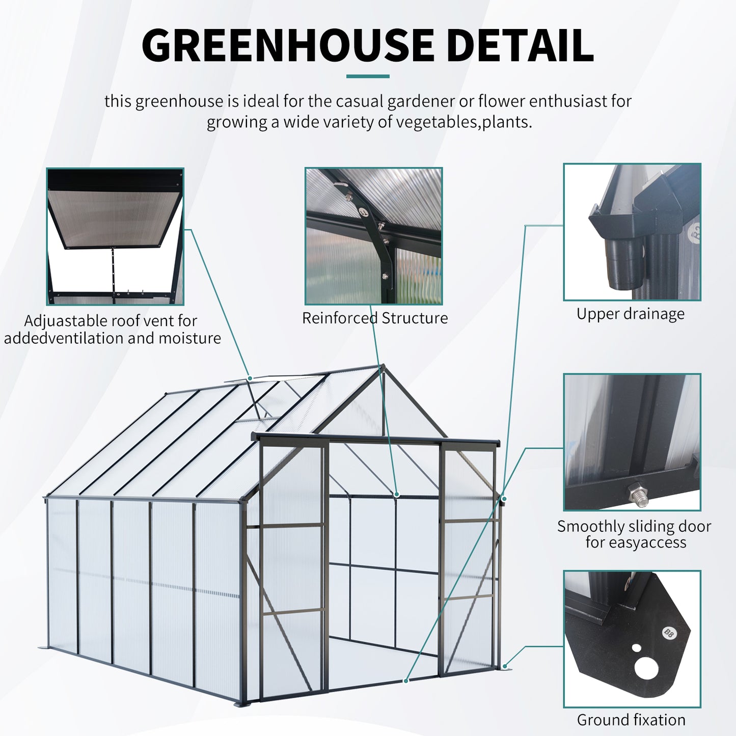8x10FT Double Door Polycarbonate Greenhouse Raised Base and Anchor Aluminum Heavy Duty Walk-in Greenhouses for Outdoor Backyard in All Season,Black