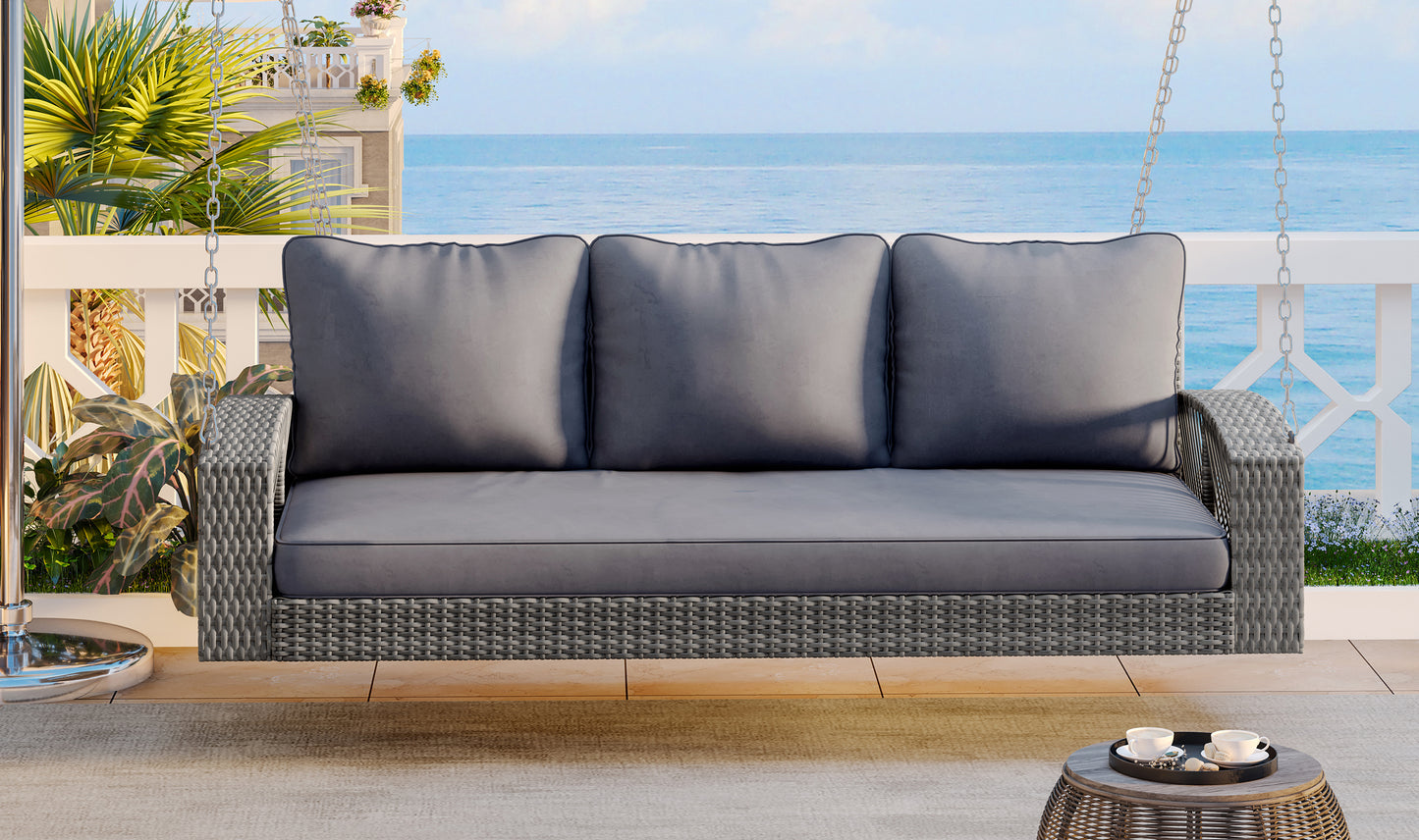 GO 69" PE Wicker 3-Person Porch Swing with Chains, Large Patio Swing Bench with Cushions for Backyard, Garden, and Poolside, Gray69"