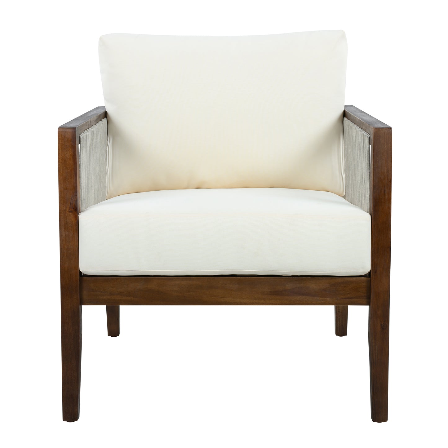 Outdoor Club Chair, Acacia Wood Frame with Rope Back, Water-Repellent Beige Cushions for Patio/Backyard/Deck, Dark Brown