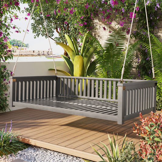 TOPMAX Patio Minimalist Twin Size Garden Swing Bed Wood Porch Swing with Ropes for Backyard, Safe Sloped Design, Gray
