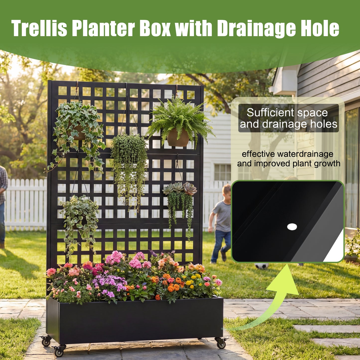 Metal Raised Garden Bed with Wheels and Trellis,73"x47"x16" Planter Box for Climbing Plants, Vegetables & Vines, Features Privacy Screen and Drainage Holes