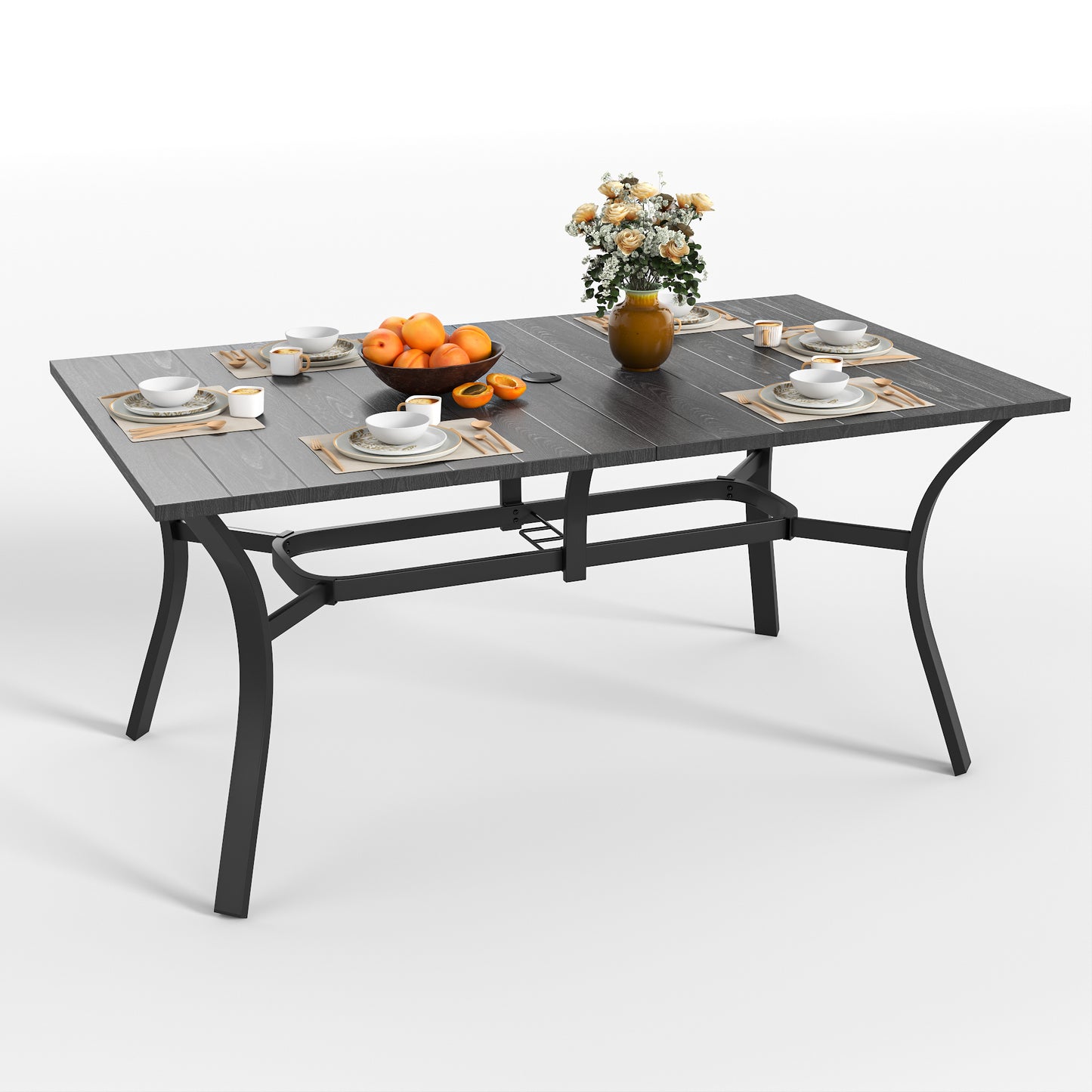 "Vintage Wood Grain Metal Table 62.99" x 37.8"" Rectangular with Umbrella Hole, Heavy-Duty Steel Frame Rust-Resistant Easy Clean, for Patio Garden Deck Dining Room Office