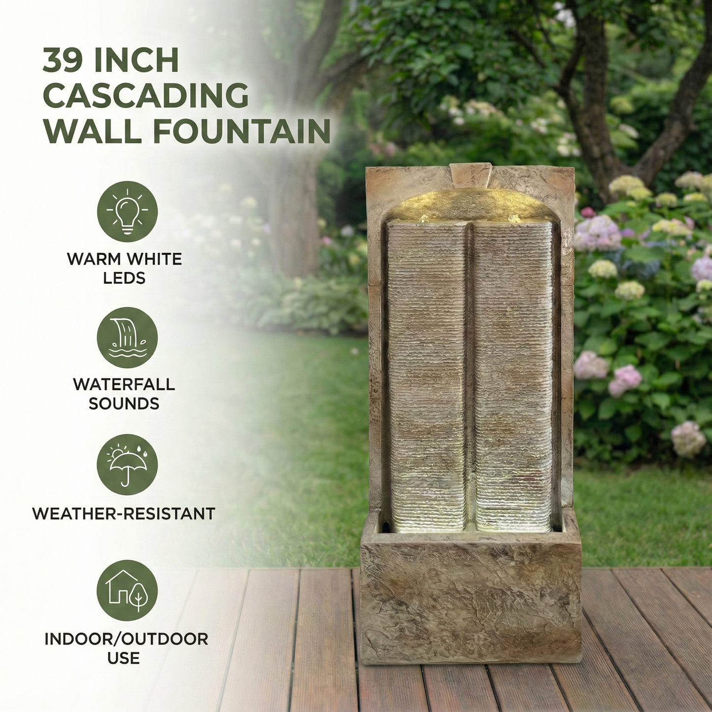 39 Inch Outdoor Water Fountain with Pump, Modern Cascading Freestanding Wall Fountain, Weather-Resistant Garden Water Feature with Warm White LED Lights, Outdoor Waterfall Fountain for Patio Porch Law