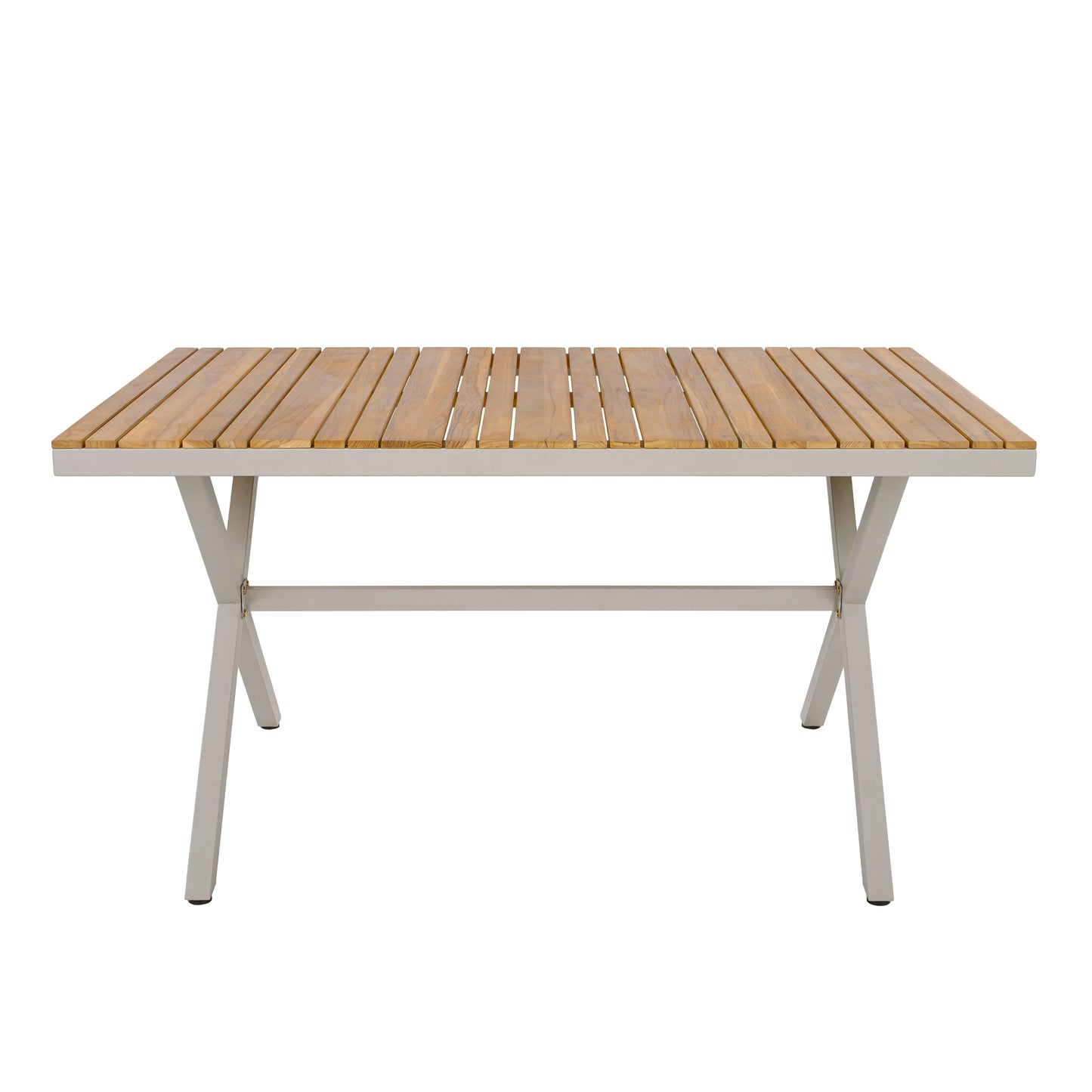 Teak Wood Top with Beige Steel Frame Outdoor Dining Table, 55.12" Rectangular Patio Table with X-Shaped Legs, Weather-Resistant for Backyard, Garden, Deck and Poolside
