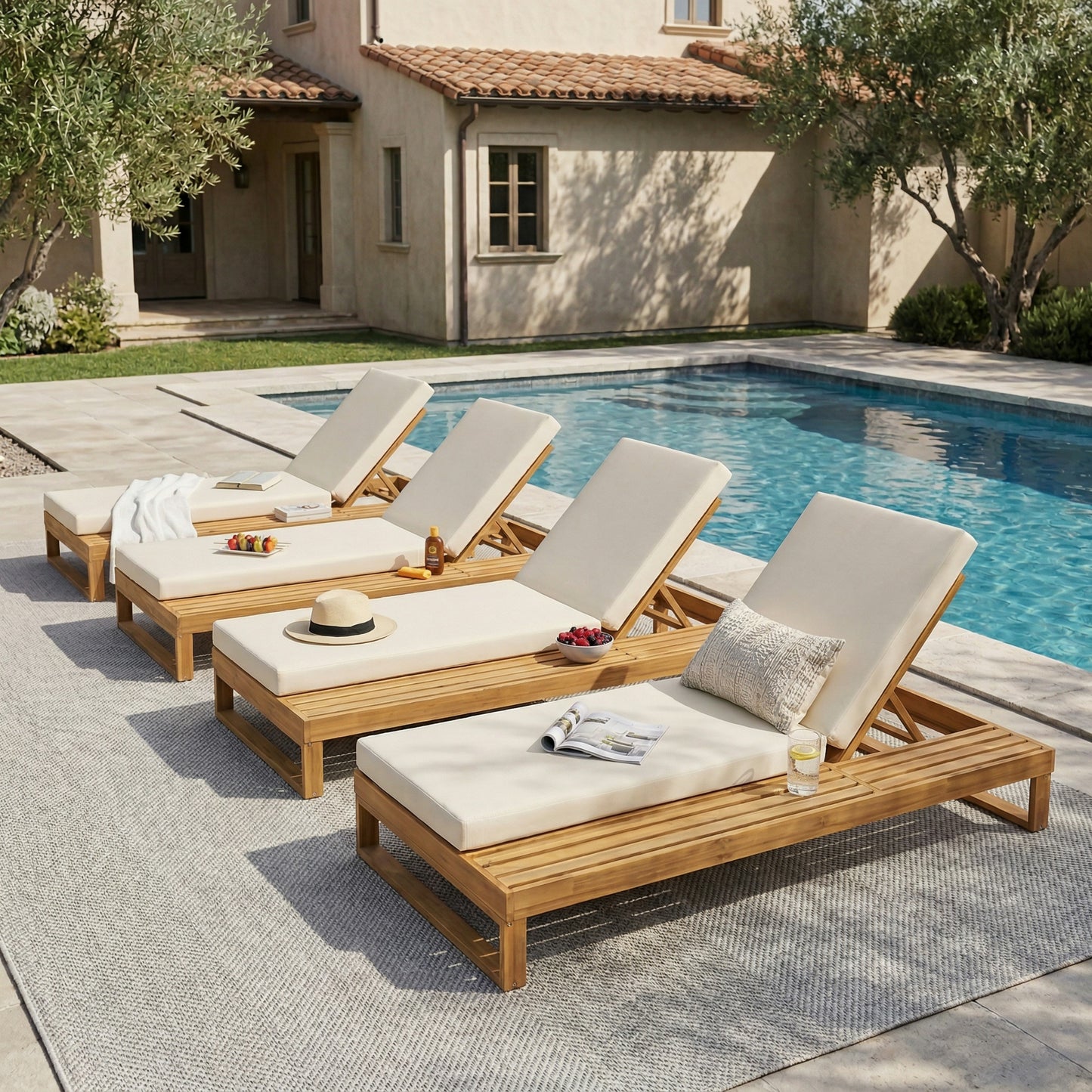 Teak Finish Acacia Wood Chaise Lounge with 4-Inch Cream 2-Fold Cushion Set, 4-Position Adjustable Outdoor Patio Lounger with Flat Side Surface, for Poolside - Matching dark grey version available