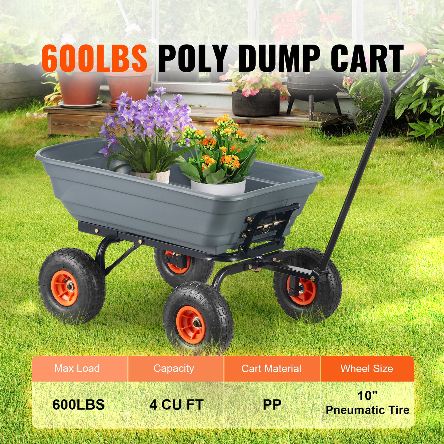 Dump Cart, Poly Garden Dump Cart with Easy to Assemble Steel Frame, Dump Wagon with 2-in-1 Convertible Handle, Utility Wheelbarrow 600 lbs Capacity, 10 inch Tires