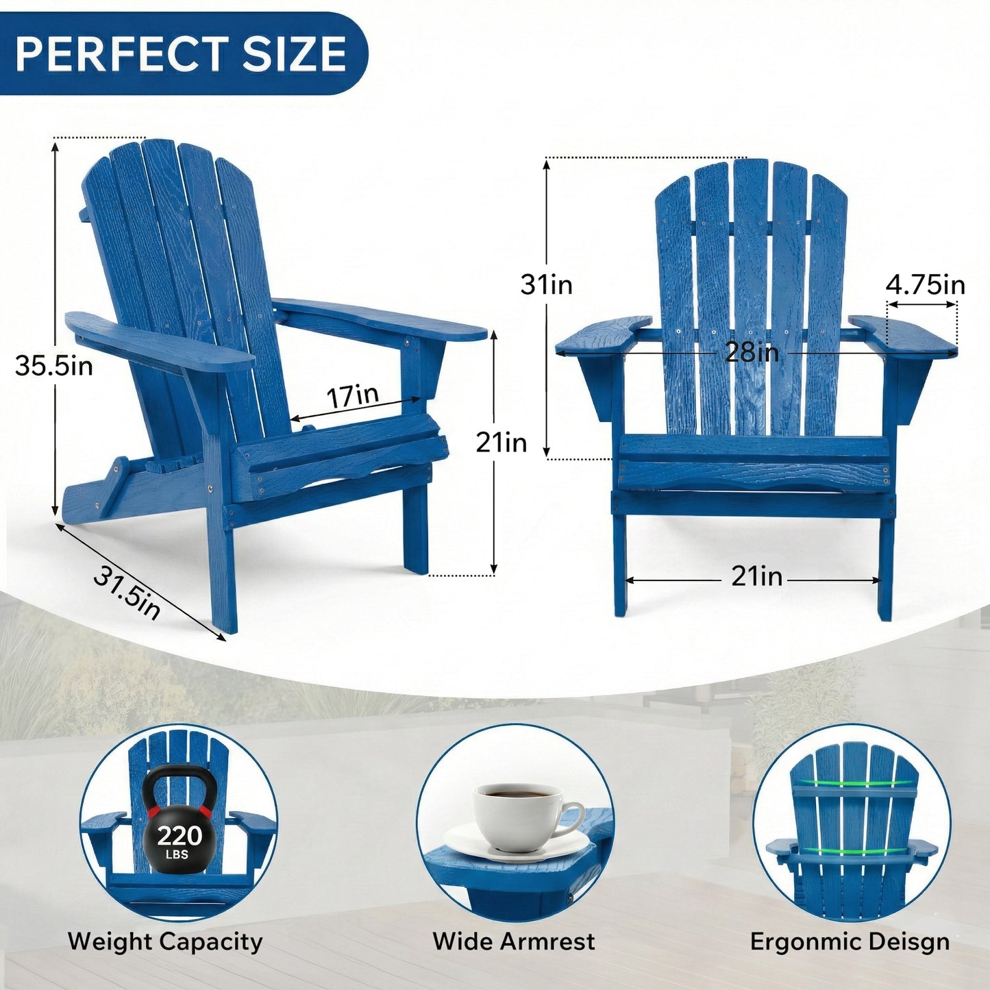 Wood Lounge Patio Chair for Garden Outdoor Wooden Folding Embossed Adirondack Chair Solid Wood Lounge Patio Chair with Wood Grain
