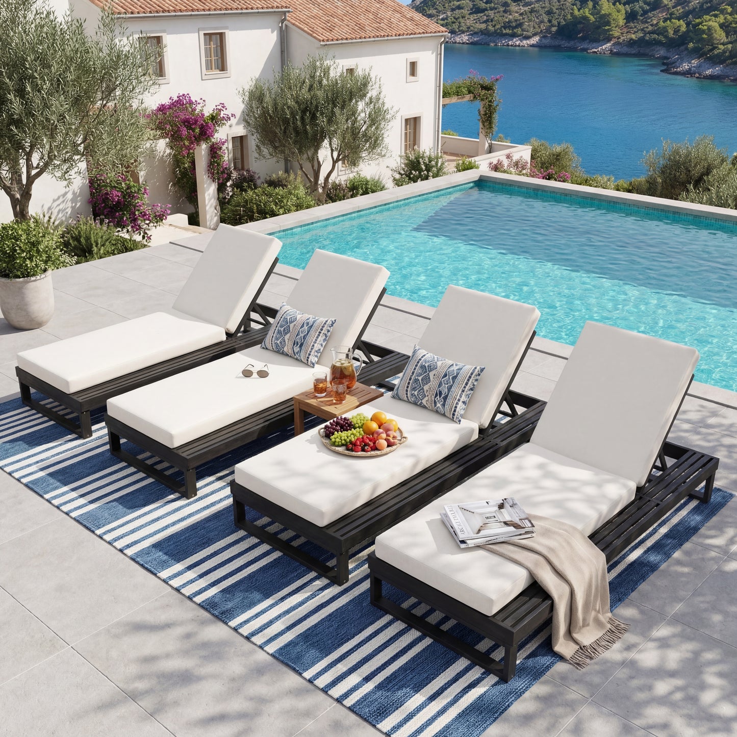Black Acacia Wood Chaise Lounge with 4-Inch Cream 2-FoldCushion Set, 4-Position Adjustable Outdoor Patio Lounger with Flat Side Surface, for Poolside- Matching dark  grey version available