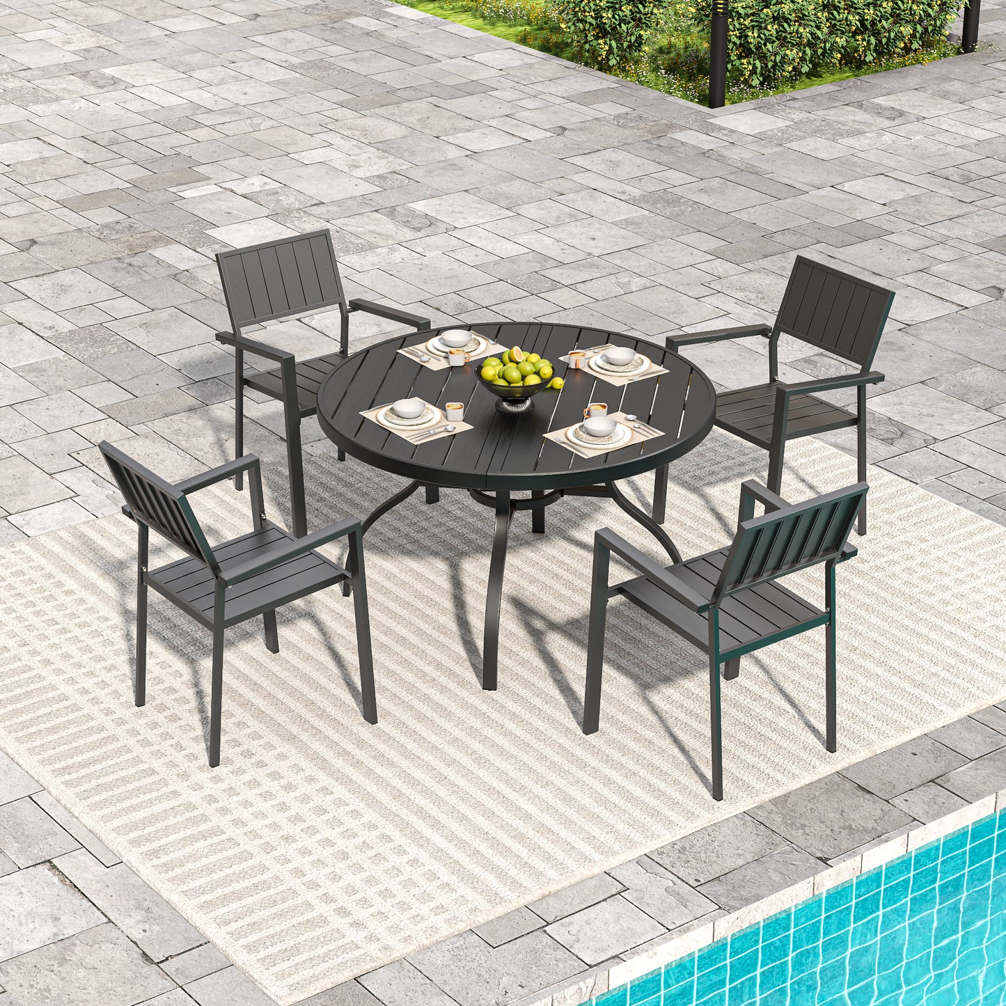 Round Faux Wood Slat Patio Table 47" with Umbrella Hole, Realistic Wood Grain Top + Matte Black High-Quality Iron Legs, Rust-Resistant Outdoor Dining Table for Garden Patio Balcony