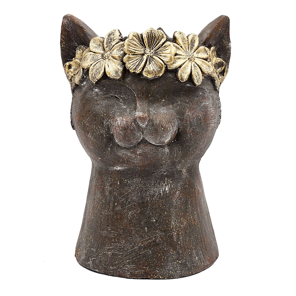 8.5x7.7x12.4" Magnesium Cat Statue Planter with Textured Brown Finish and Gold Leaf Crown