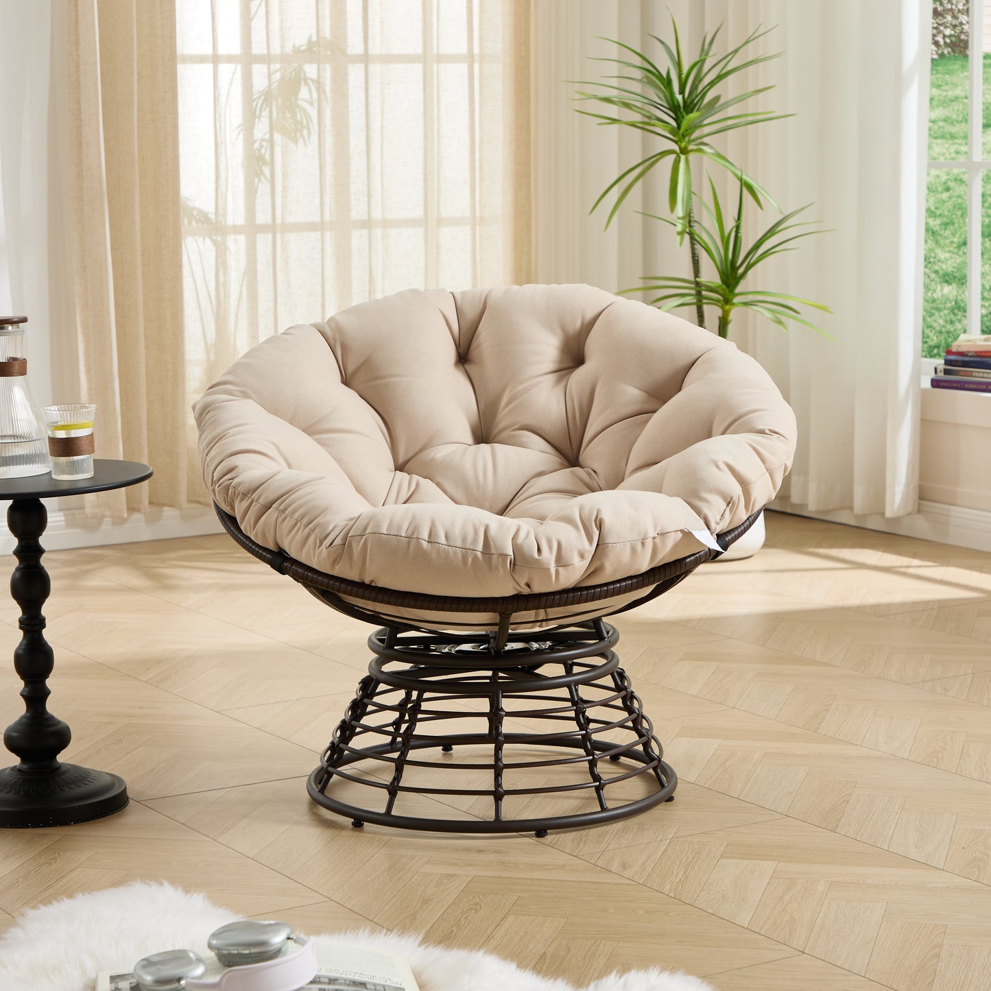 Comfortable Ergonomic Wicker Papasan Chair, 360° Swivel Indoor Outdoor Rattan Chair with Soft Thick Cushion, Ideal for Living Room, Bedroom, Reading Room, Brown Frame with Beige Cushion