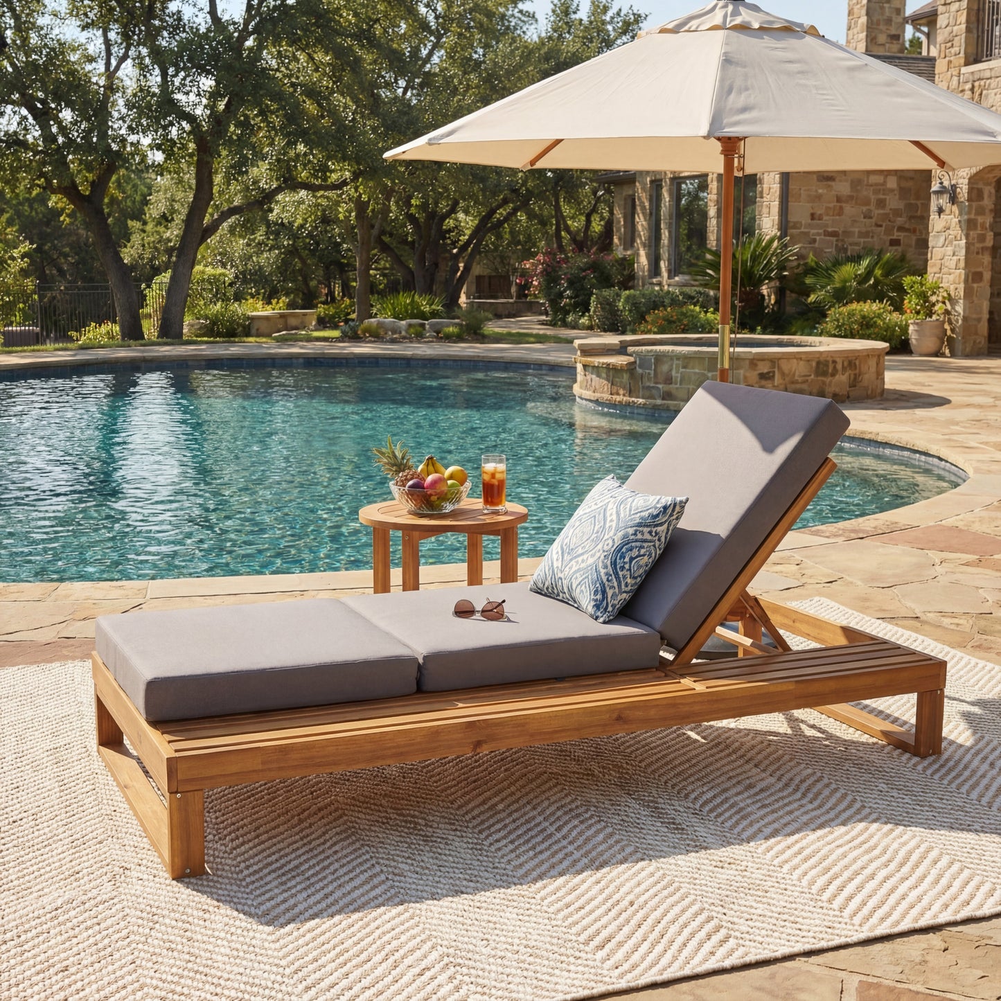 Teak Finish Acacia Wood Chaise Lounge with 4-Inch Dark Grey 3-Fold Water-Resistant Cushion Set, 4-Position Adjustable Outdoor Patio Lounger with Flat Side Surface- Matching cream version available