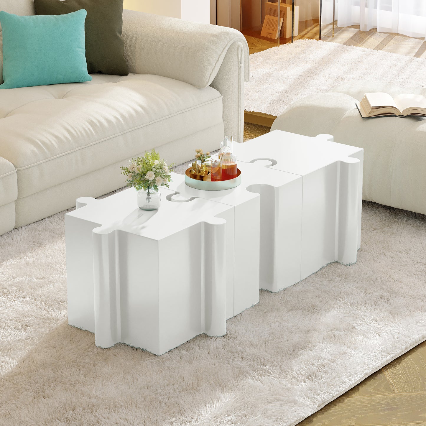 Puzzle Art Side Table, Modular Convex Edge MGO Table - Buy Singles or Combine for Custom Layouts,  Indoor & Outdoor,White Color