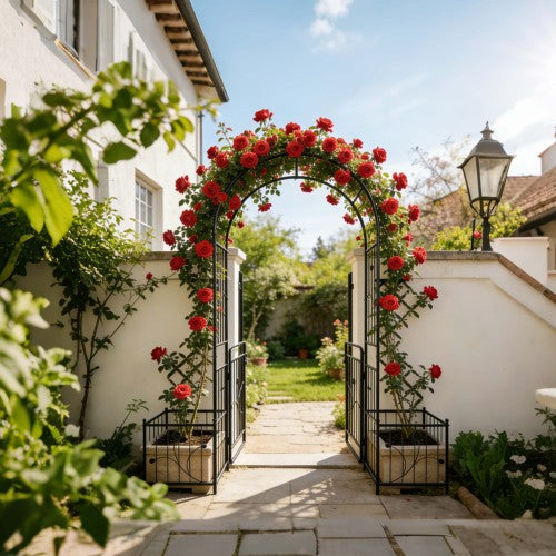 Metal Garden Arbor with Gate 86.6 in. H Black Garden Arch Trellis for Climbing Plants Outdoor, Wedding Arches Decoration