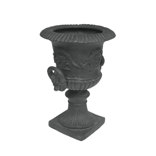 18.75 in. W x 28.25 in. H Black Lightweight Concrete Garden Urn Planter, Roman Design with Botanical Accents