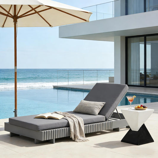 Dark Grey Acacia Solid Wood Outdoor Chaise Lounge with Dark Grey Water-Repellent Cushion, 400lbs Capacity, Modern Patio Sun Lounger for Garden, Poolside