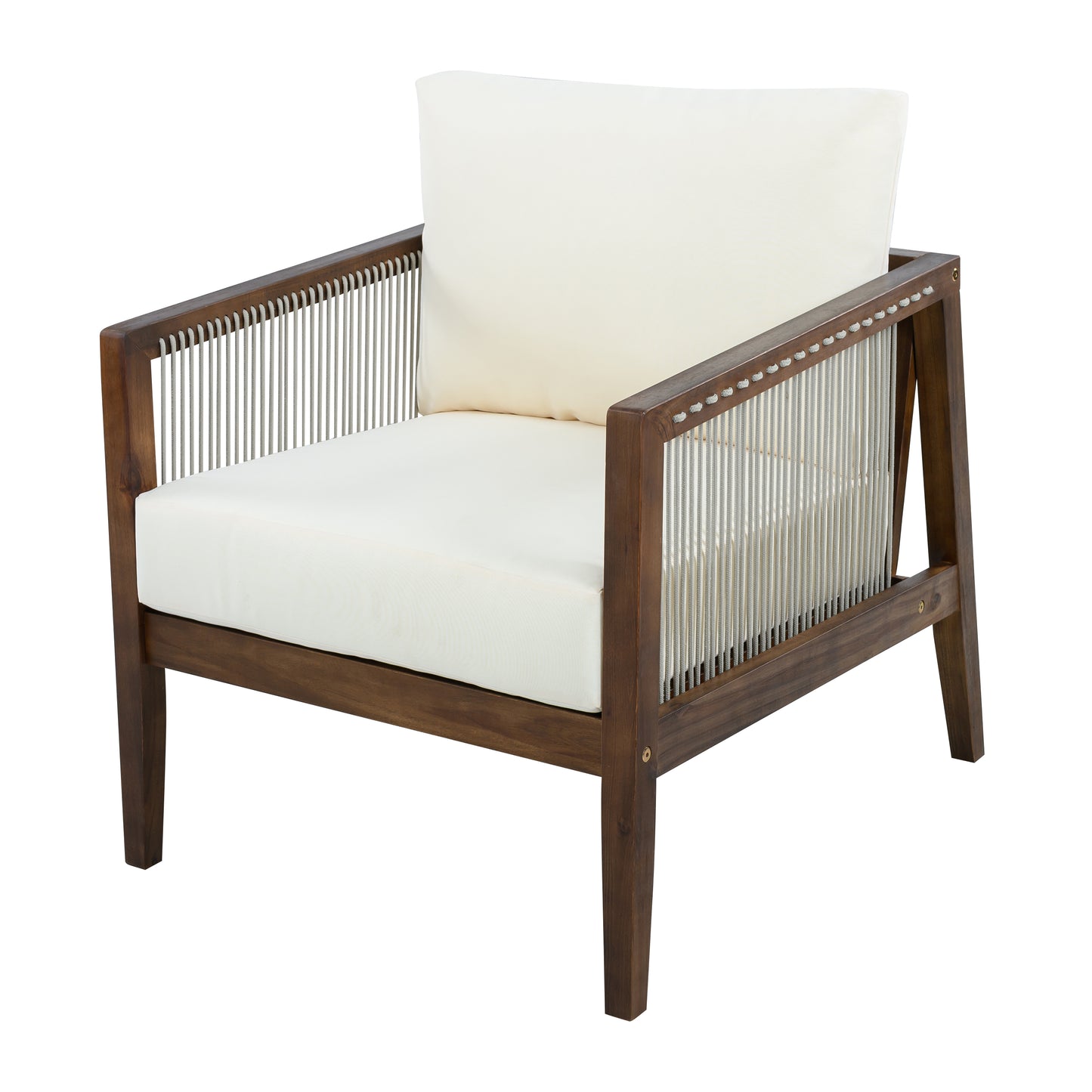 Outdoor Club Chair, Acacia Wood Frame with Rope Back, Water-Repellent Beige Cushions for Patio/Backyard/Deck, Dark Brown