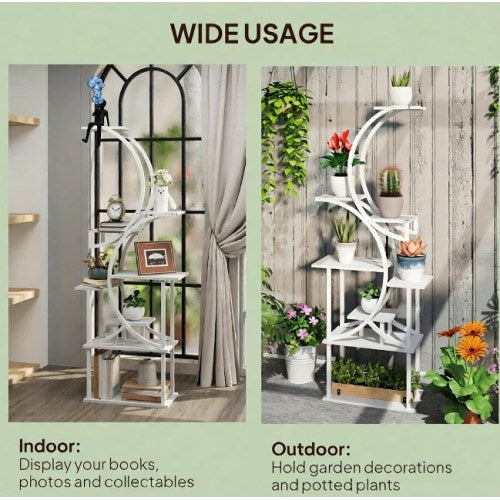 White 8-Tier Fir Wood Plant Stand, Metal Plant Rack, Indoor Outdoor Plant Shelf for Living Room, Balcony, Patio