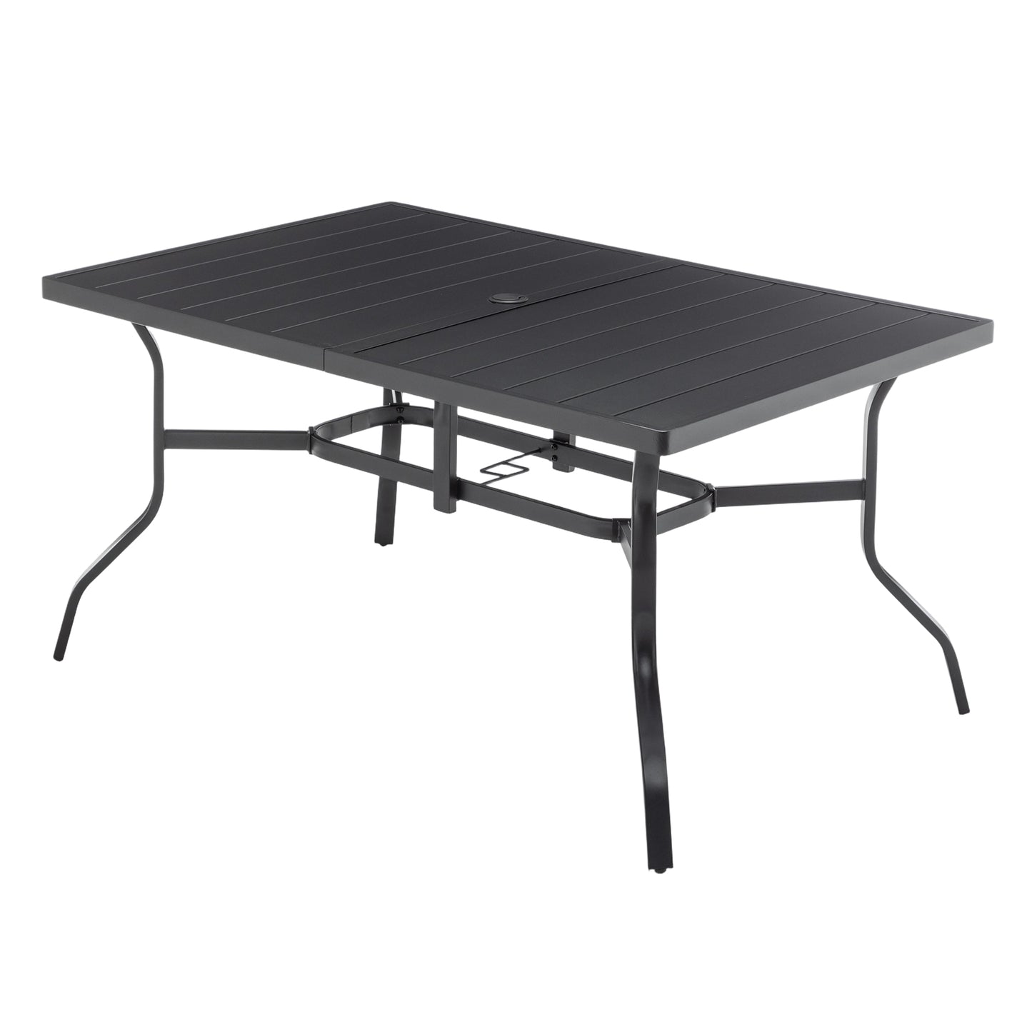 Outdoor Dining Table for 6, Powder-Coated Steel Slat Top with 2.16" Umbrella Hole, Anti-Slip Pads, E-Coating Frame, All-Weather Black Patio Table for Garden, Poolside, Backyard