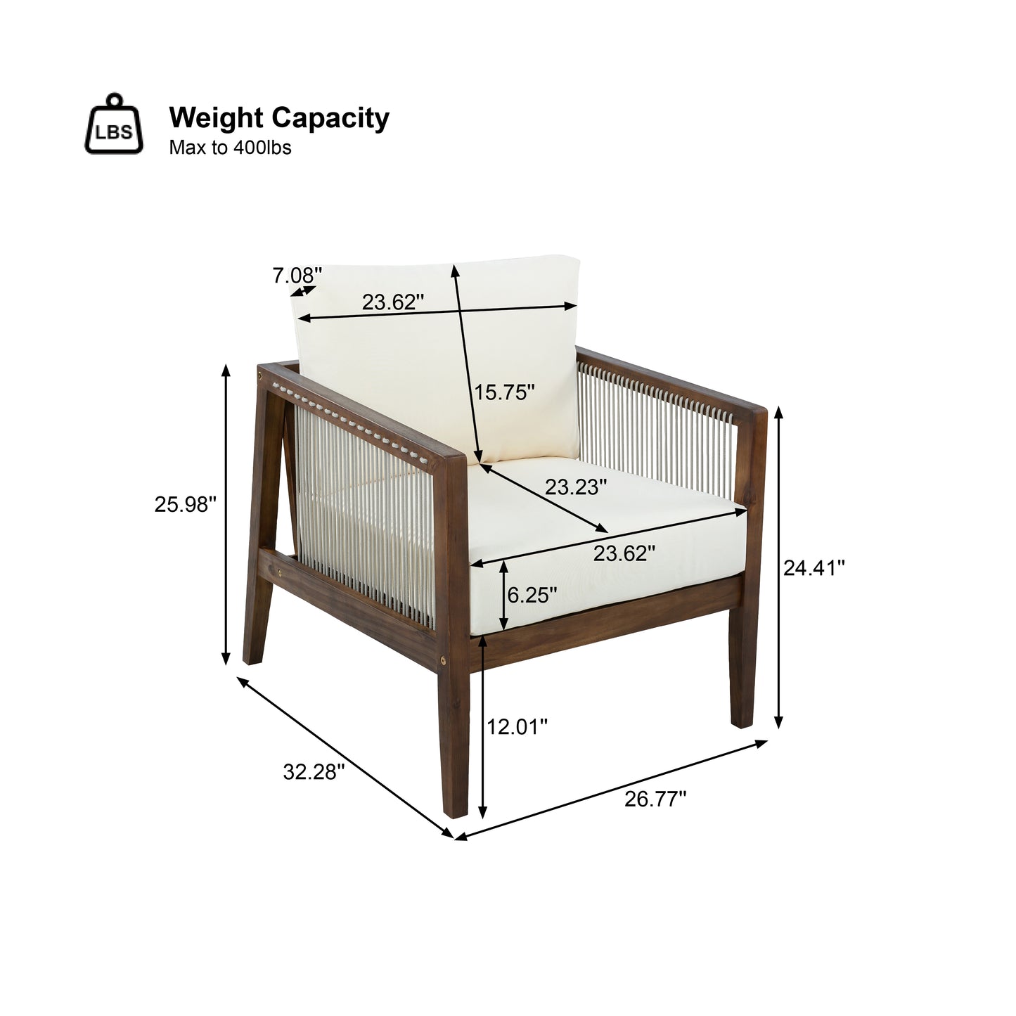 Outdoor Club Chair, Acacia Wood Frame with Rope Back, Water-Repellent Beige Cushions for Patio/Backyard/Deck, Dark Brown