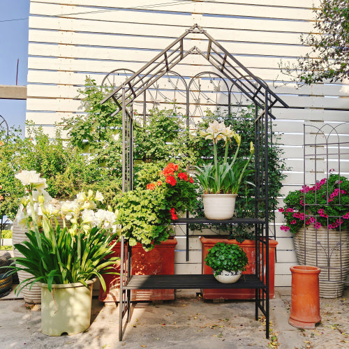 97" Tall Metal Garden Arch with Bench - Convertible Flower Stand for Climbing Plants, Powder-Coated Black Outdoor Arbor for Roses/Ivy (58" Wide)