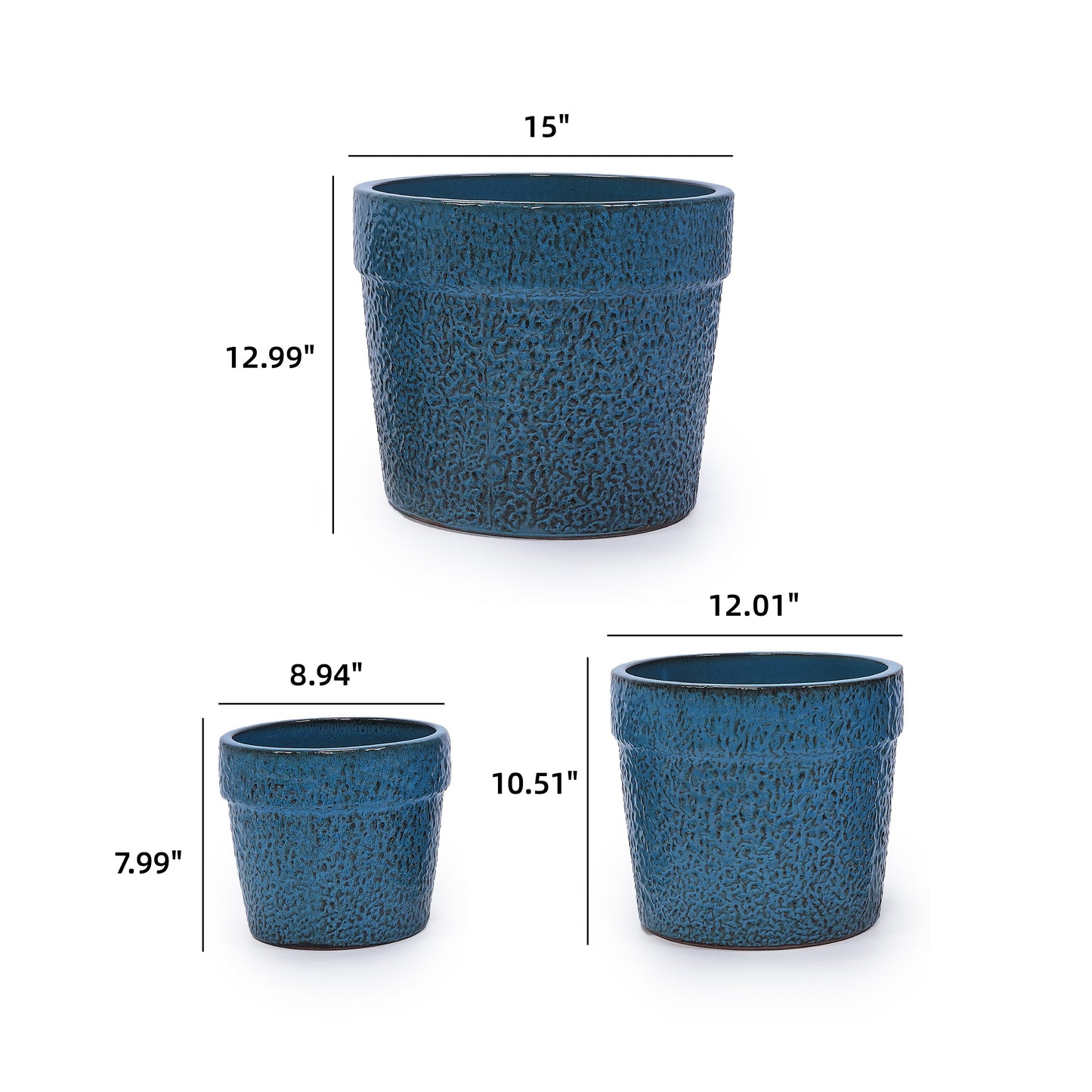 Handmade Ceramic Planter Set of 3, 15/12/9 Inch Diameter, Blue Textured Pattern, for Succulents & Indoor Plants, Windowsill & Bookshelf Use, Breathable Clay