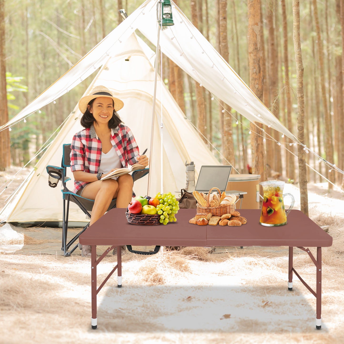 4ft Brown Portable Folding Table Indoor&Outdoor Maximum Weight 135KG Foldable Table for Camping