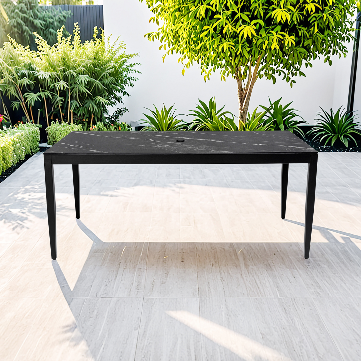 Outdoor Modern Patio 35.5"x71" Aluminum Dining Table, Black Marble-Inspired Sintered Stone Top, Ember Black Finish, Post Tapered Legs-Seats Six, Weatherproof & Rust-Free
