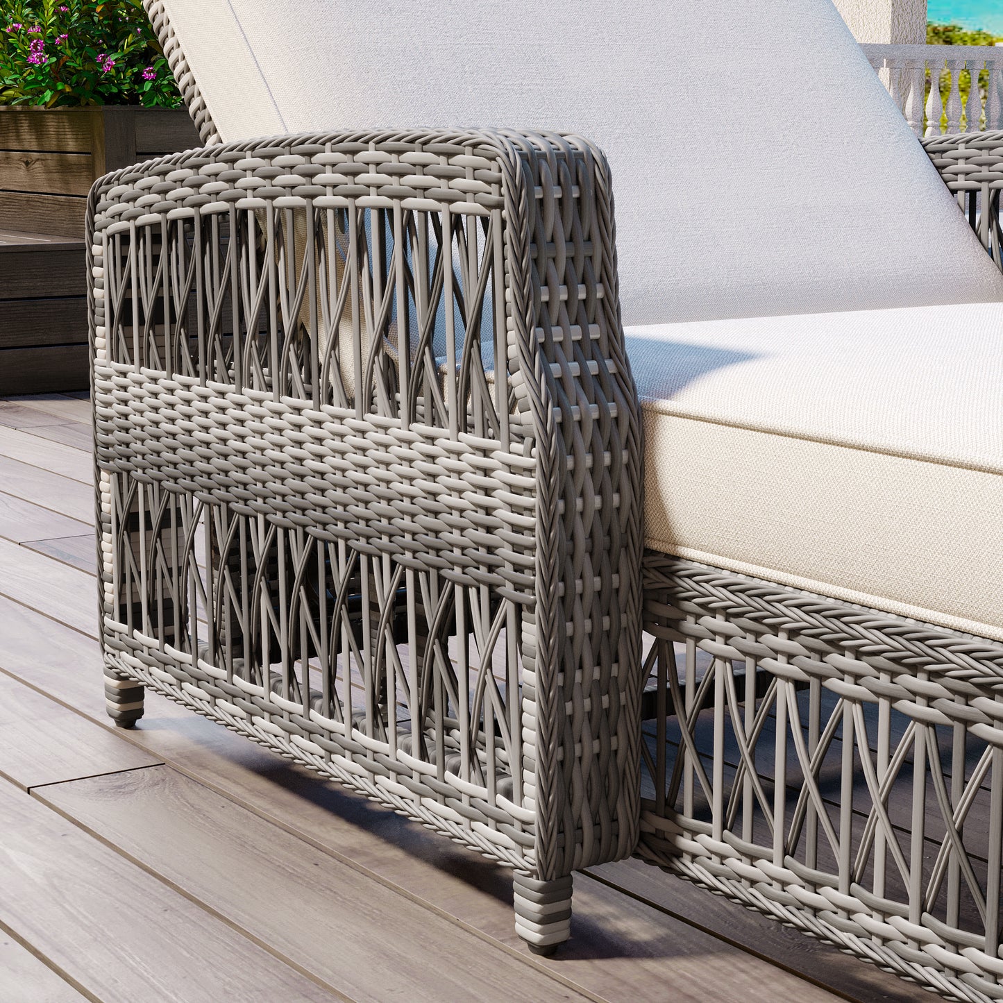 GO Outdoor Long Reclining Chaise, Wicker Lounge with Armrests, Patio Adjustable Recliner with Soft Removable Cushions, All Weather Rattan Pool Lounge for Poolside & Garden, Beige