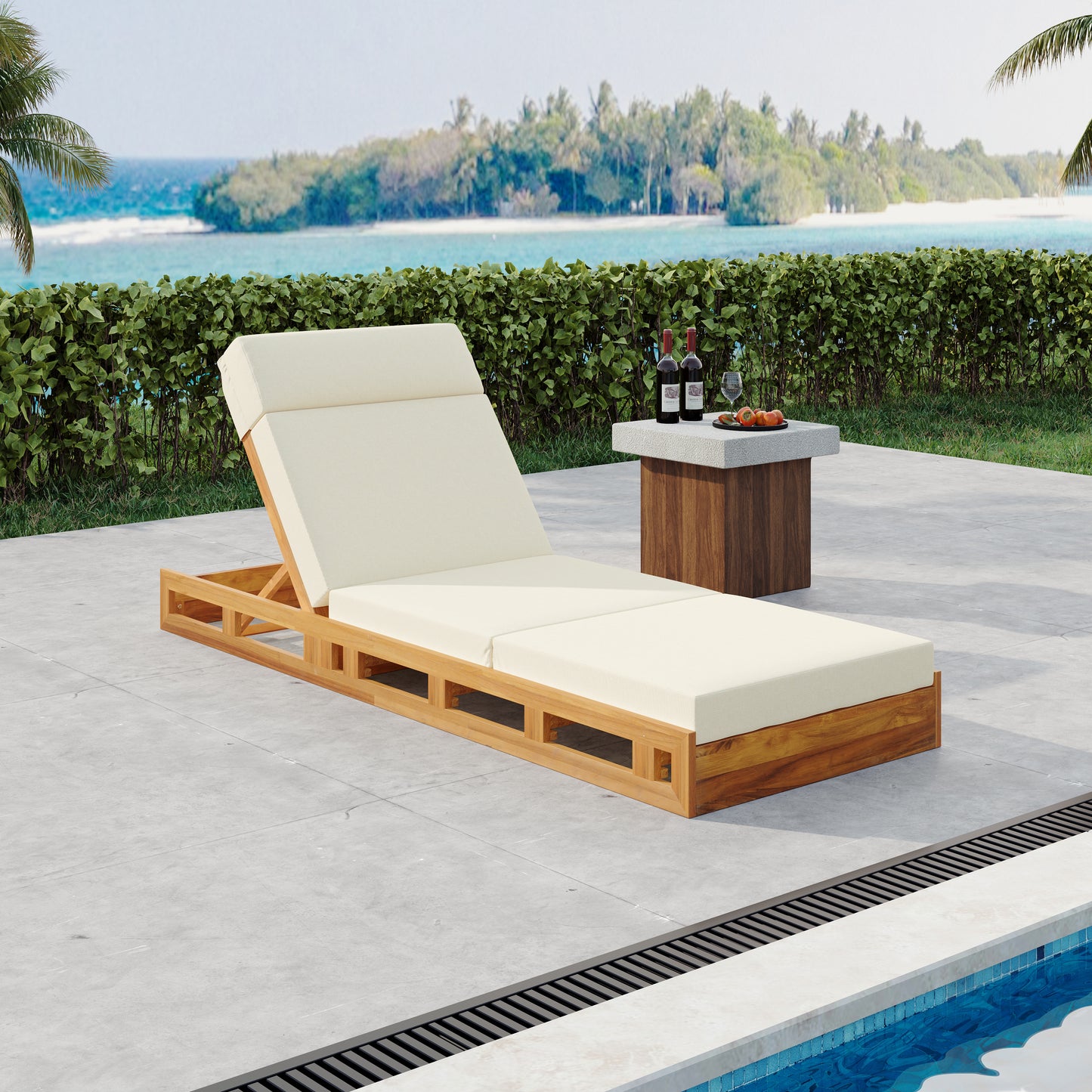LOUNGE CHAISE SET WITH HEADREST, ACACIA WOOD WITH WATER-RESISTANT LOUNGE CUSHIONS (BEIGE & 3-FOLD & 4 inch) - MATCHING DARK GREY/CREAM VERSION AVAILABLE