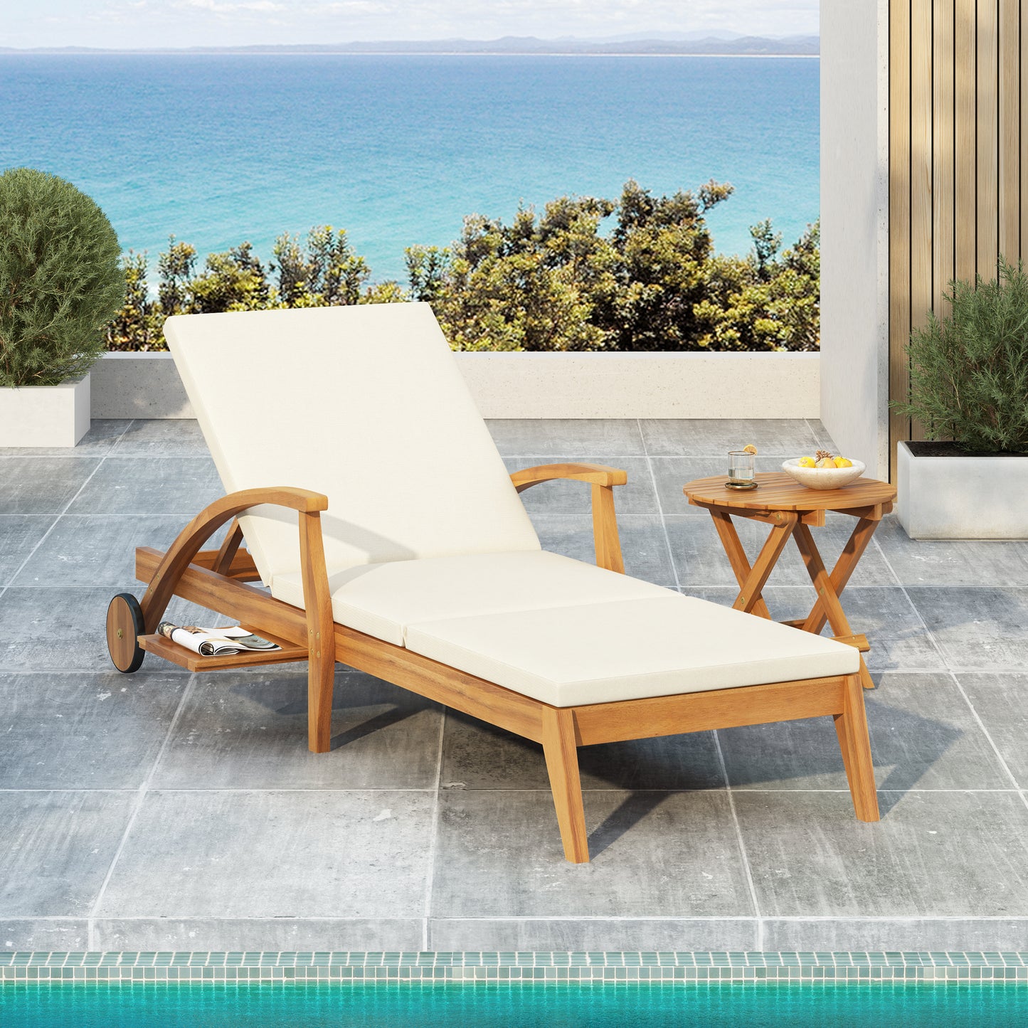 CHAISE LOUNGE WITH WHEEL - ACACIA WOOD RECLINER FOR PATIO/GARDEN, WITH 2INCH WHITE CUSHION, 4-POSITION ADJUSTABLE BACKREST, VERSATILE OUTDOOR FURNITURE