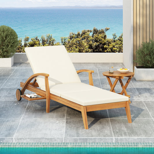 CHAISE LOUNGE WITH WHEEL - ACACIA WOOD RECLINER FOR PATIO/GARDEN, WITH 2INCH WHITE CUSHION, 4-POSITION ADJUSTABLE BACKREST, VERSATILE OUTDOOR FURNITURE