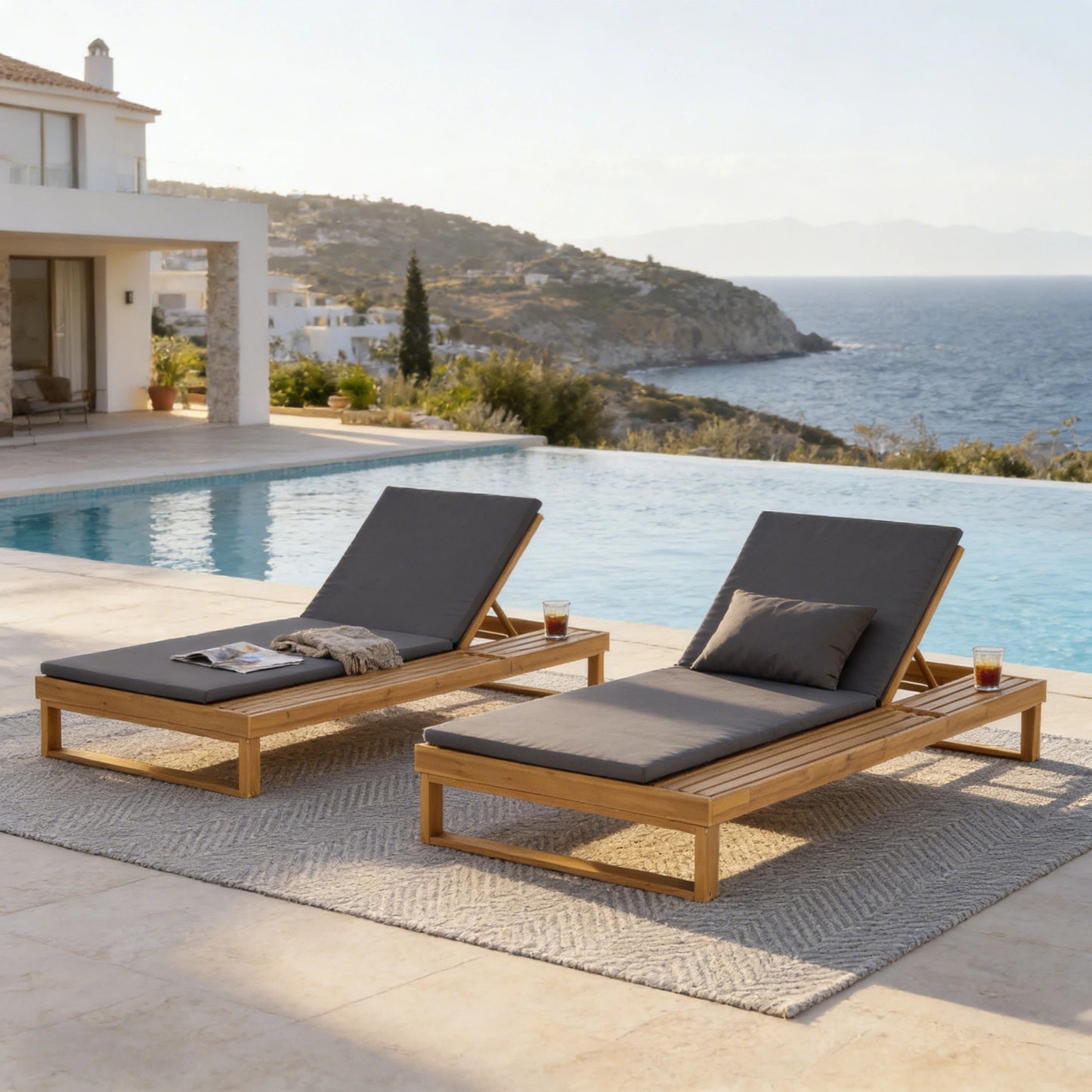Teak Finish Acacia Wood Chaise Lounge with 1.57-Inch Dark Gray 2-Fold Cushion Set, 4-Position Adjustable with Flat Side Surface, for Poolside - Matching cream,leaf coconut version available