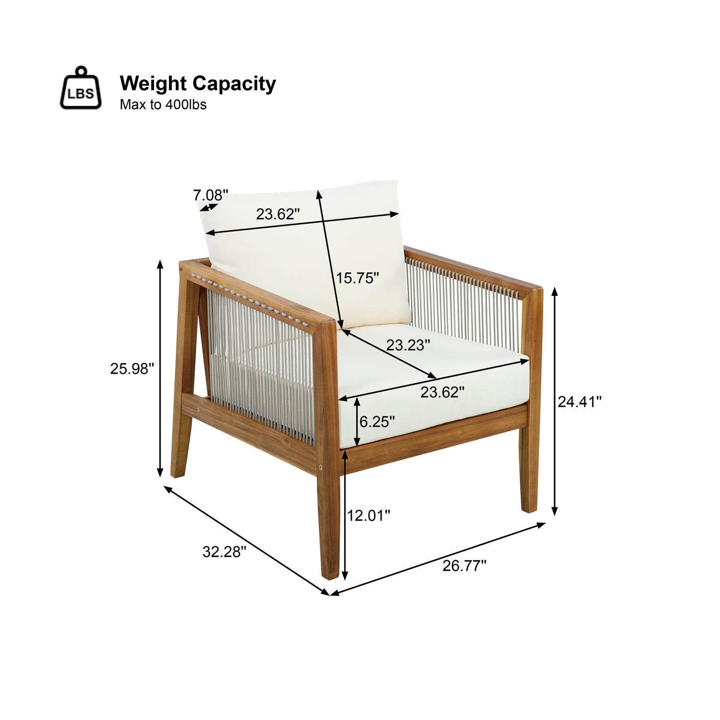 Outdoor Club Chair (Set of 1), Acacia Wood Frame with Rope Back, Water-Repellent Beige Cushions for Patio/Backyard/Deck, Teak Finish