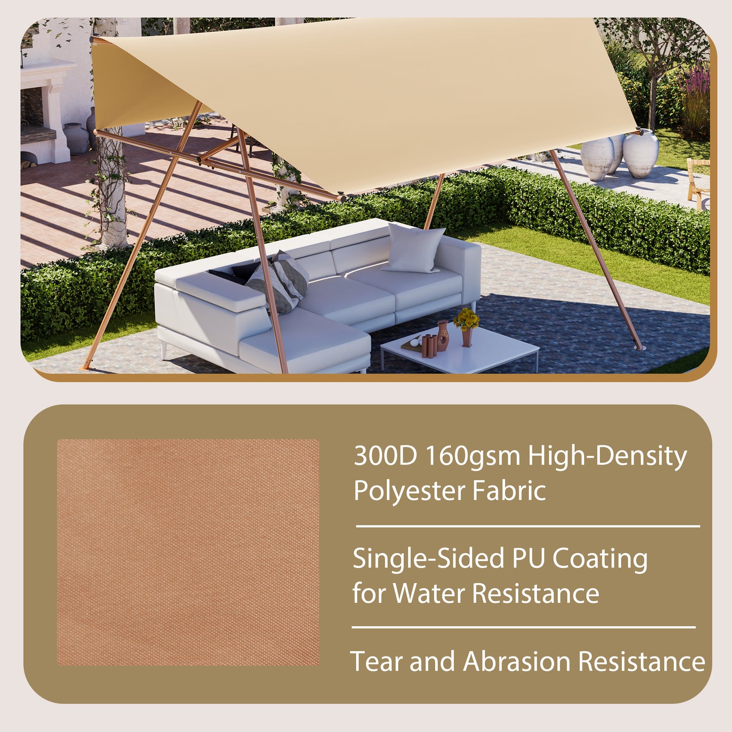 Hexagonal Shade Sail Canopy, Large 206"x118" UV Block Sun Shade with UPF 50+, Waterproof High-Density Polyester Fabric, Brown Rust-Resistant Poles & Built-in Hooks for Patio Backyard – Light Khaki