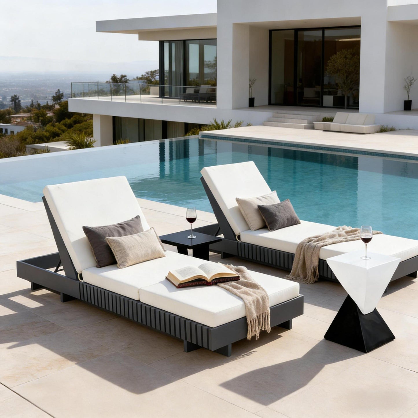 Dark Grey Acacia Solid Wood Outdoor Chaise Lounge with Cream 3-Fold Water-Repellent Cushion, 400lbs Capacity,  Modern Patio Sun Lounger for Garden, Poolside