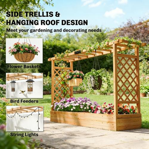 69.7 in. x 15.7 in. x 9.1 in. Natural Wood Galvanized Raised Garden Bed, Wood Planter Box with a unique arched trellis