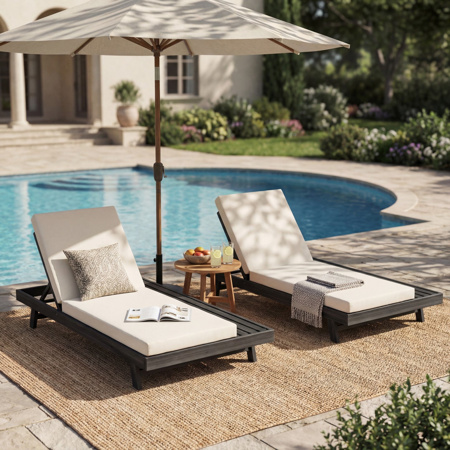 Lounge Chaise Set, Space Available On One Side, Acacia Wood In Black With Water-Resistant Lounge Cushions (Cream & 4 Inch Thick) – Matching Dark Grey Version Available