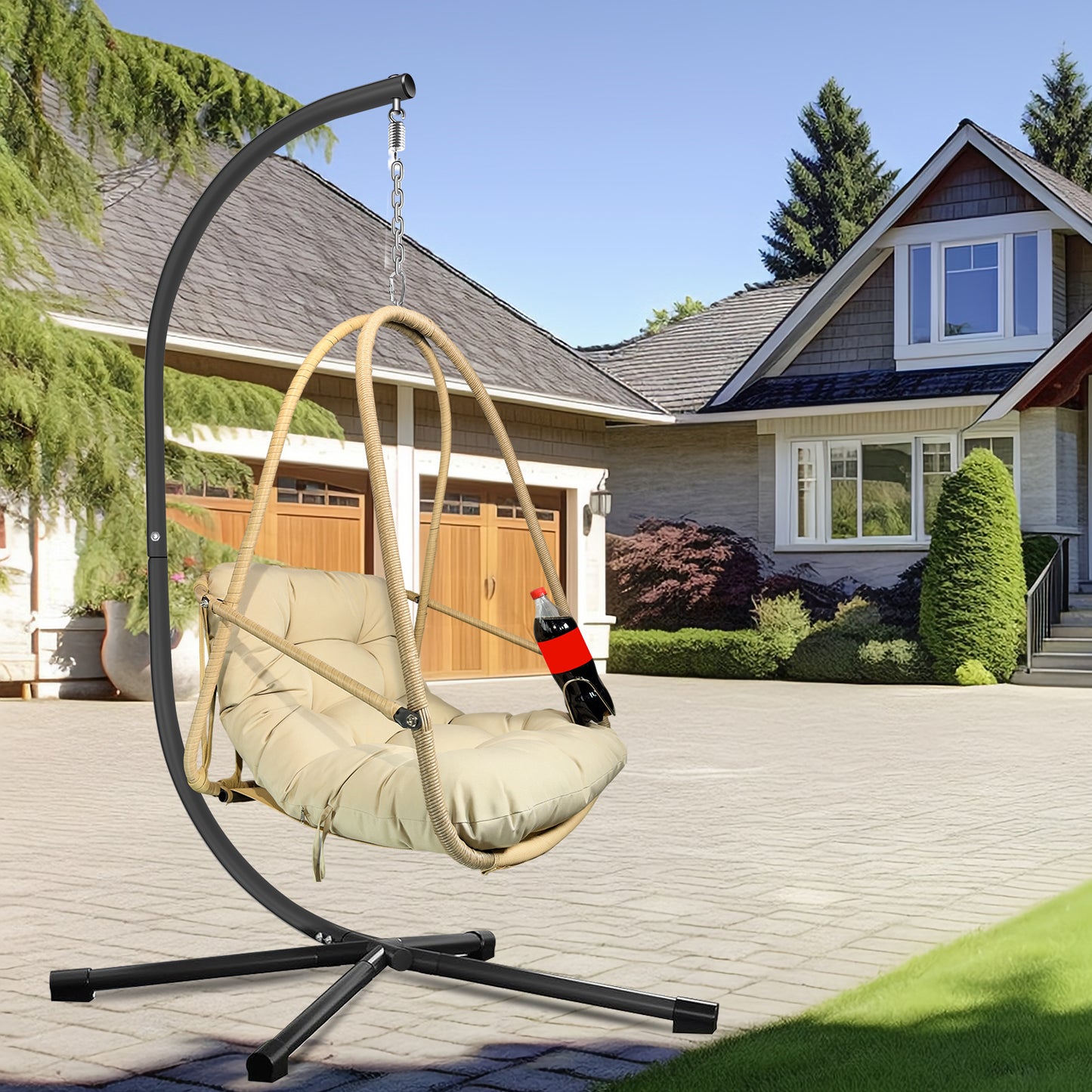 Swing Egg Chair with Stand Indoor Outdoor Wicker Rattan Patio Basket Hanging Chair with C Type bracket , with cushion and pillow,Patio Wicker folding Hanging Chair( Special construction cup holder