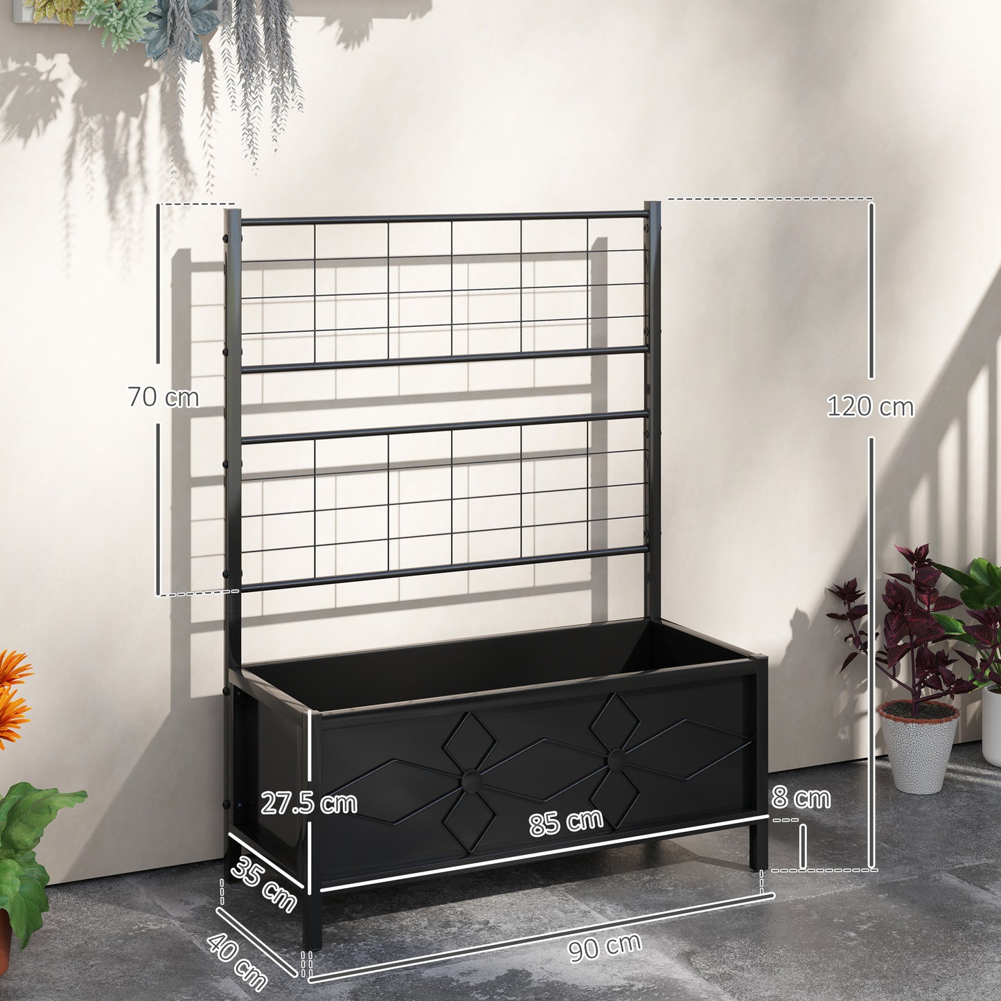 Outsunny Galvanized Raised Garden Bed with Trellis for Climbing Vines Vegetables Flowers, Outdoor Planter Box, 35.4" x 15.7" x 47.2", Black