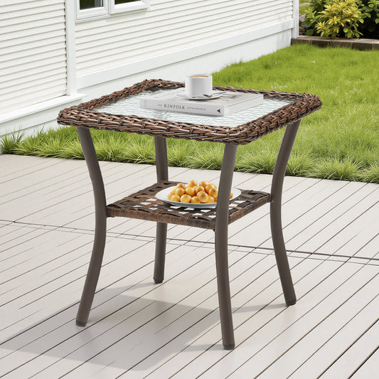 Outdoor Wicker Side Table,20x20x20 inch All Weather Rattan Small Patio Table Square End Table for Pool Balcony Deck Porch, Brown