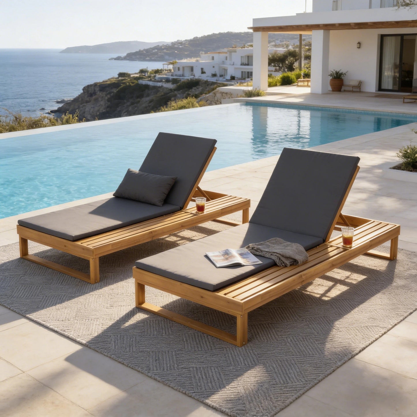 Teak Finish Acacia Wood Chaise Lounge with 1.57-Inch Dark Gray 2-Fold Cushion Set, 4-Position Adjustable with Flat Side Surface, for Poolside - Matching cream,leaf coconut version available