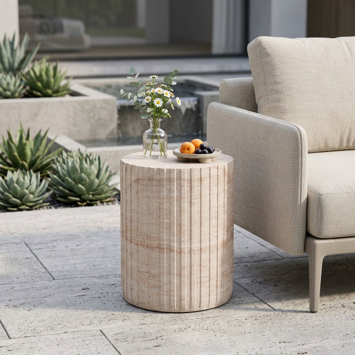 Outdoor/Indoor Lightweight Concrete Side Table,Travertine Finish